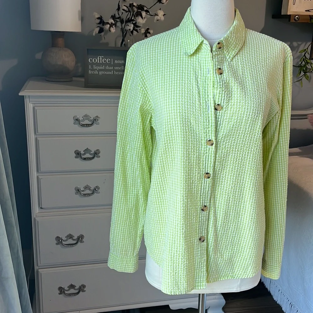 Vintage Bedford Fair Lifestyles Lime Green 90s Seersucker Checked Blouse Women M - Picture 7 of 9